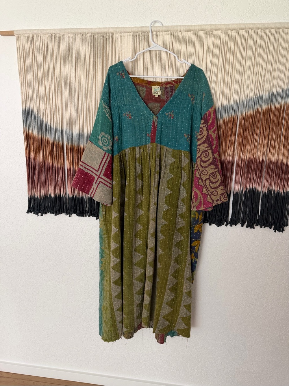 Junk Gypsy Patchwork V-Neck Maxi Dress in Teal & Olive